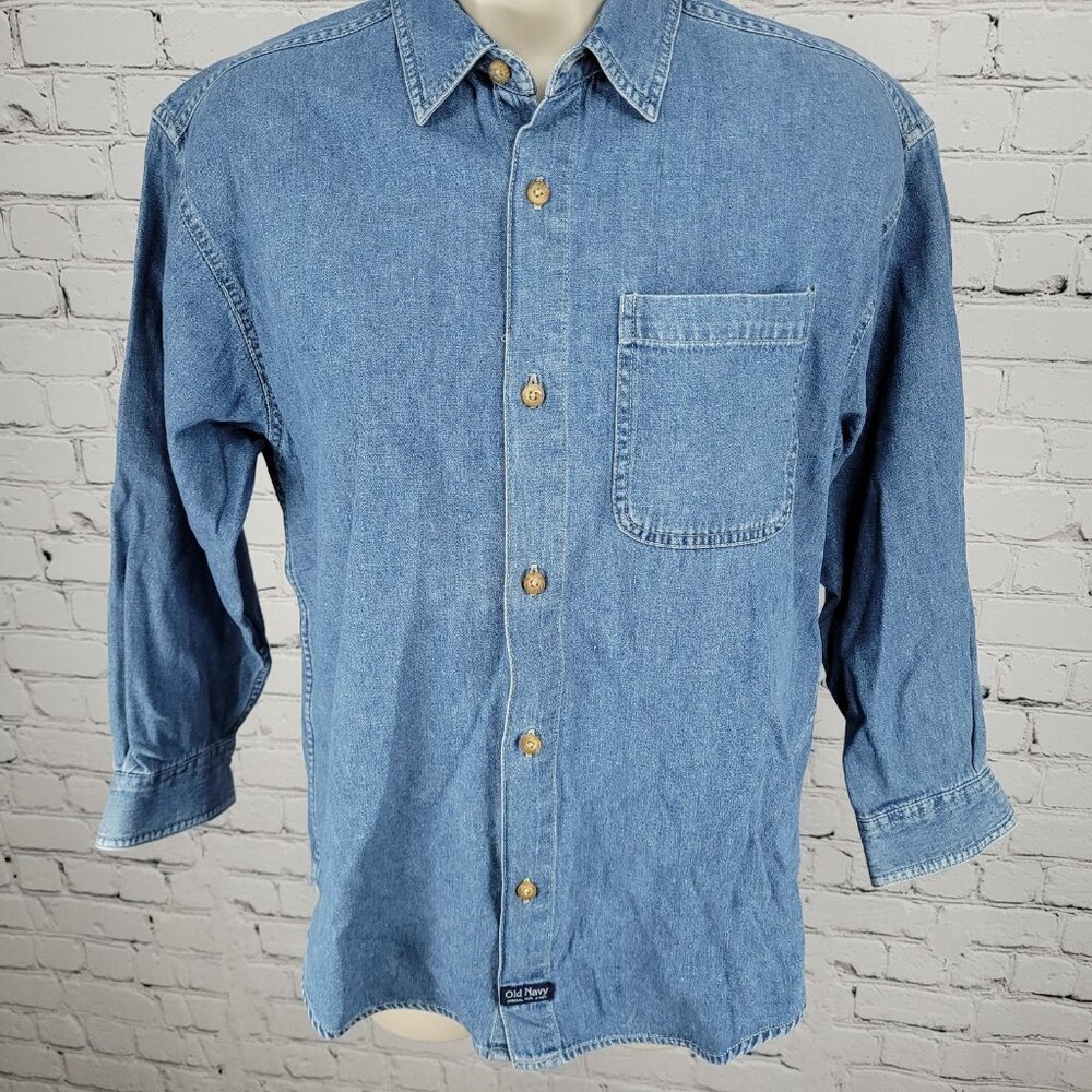 VTG Old Navy Blue Chambray Cotton Button Up 3/4 Sleeve Lightweight Shirt Size 10
